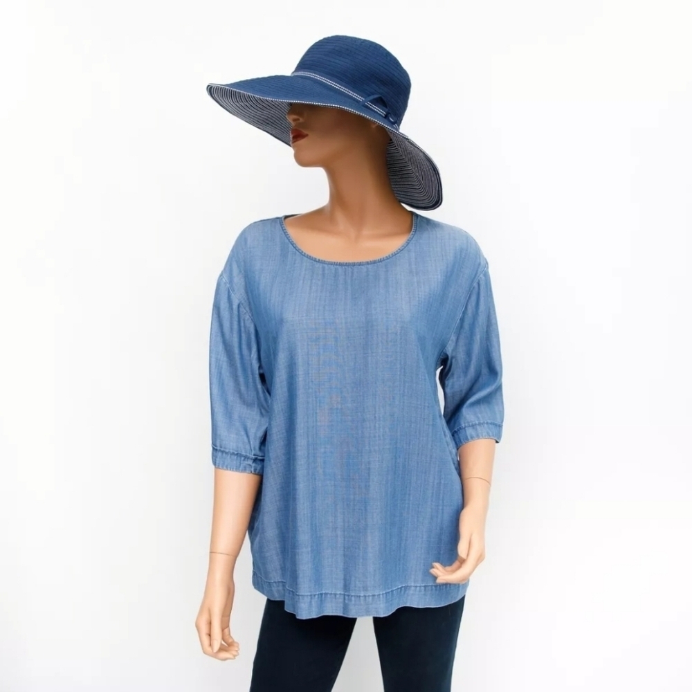 Tommy Bahama 100% Lyocell Casual Scoop Neck Chambray Blouse Women's Size Large